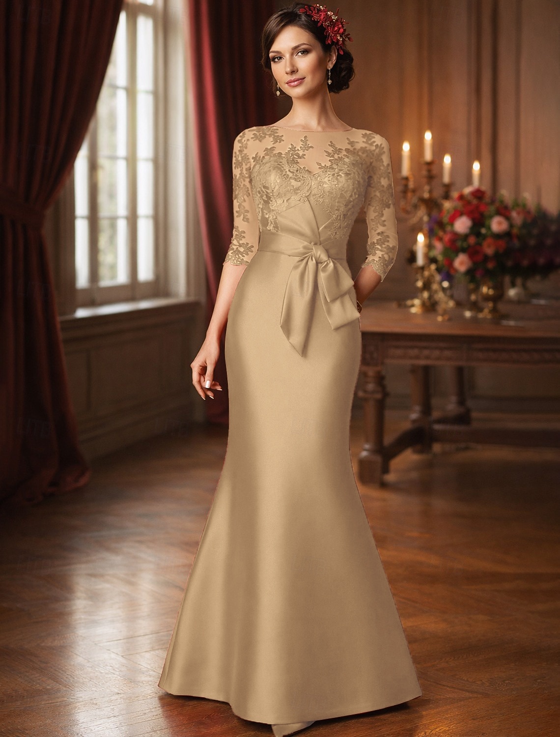 Mermaid Trumpet Floor Length Wedding Guest Dress Formal Dresses Evening Gown Mother of the Bride Dress 3/4 Length Sleeve Illusion Neck Elegant Mother Engagement Satin Lace with Appliques 2026 - $218.49 –P5