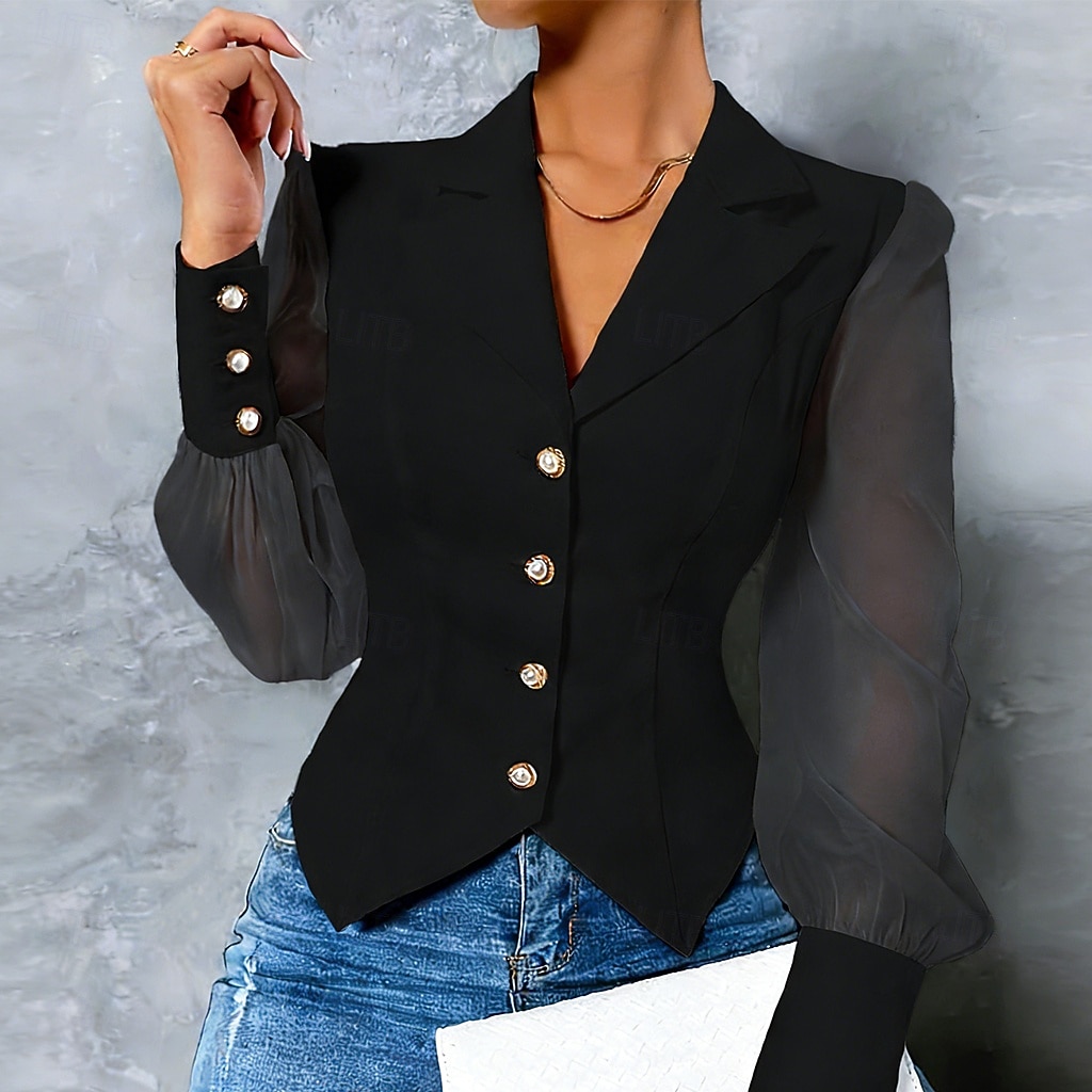 Mulheres Saia camisa de botão Blusa Túnica Com Transparência Botões Côr Sólida Tecido Elegante Moda Formal Manga Longa Aberto para a Lateral Tops regulares Diário Trabalho Para Noite Preto Branco de 2026 por $25.99 –P3