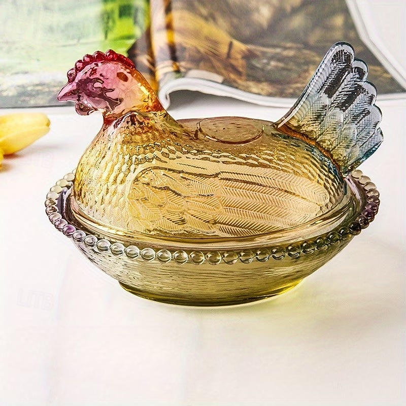 vintage lasinen kananpesäkulho kannella, suuri jalustallinen kukkokarkkikulho &kristallinen välipalapurkki, maalaistalon kananpesäpöydän sisustus, sopii välipaloille, jälkiruoalle, kekseille 2026 - $30.99 –P8