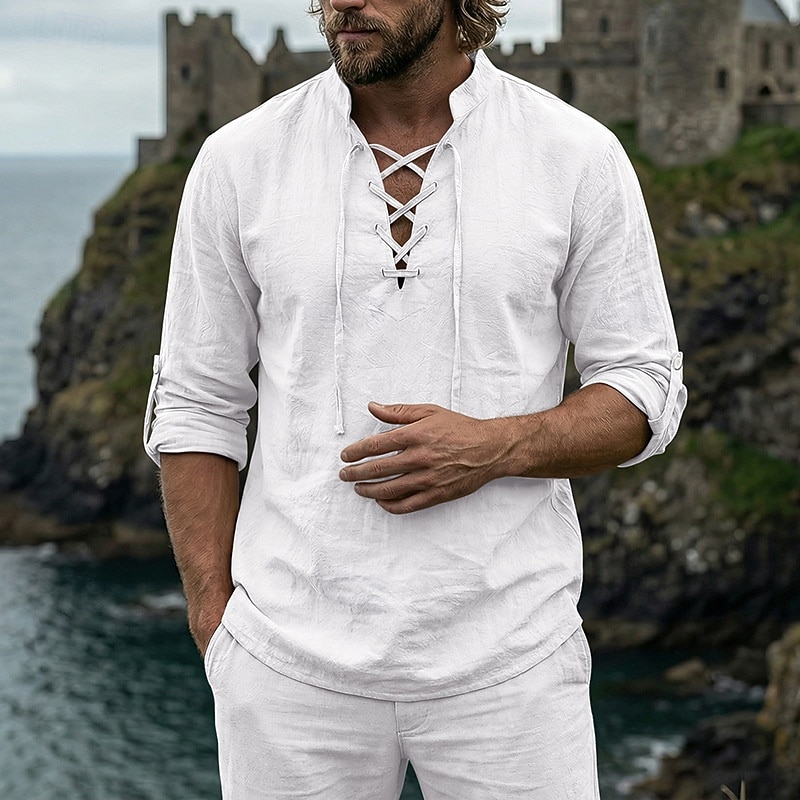 Homme Chemise Chemise en lin Style Viking Chemise popover Chemise d'été Chemise à col officier Uni Occasionnel Vacances Noir Blanche Vert Kaki manche longue Col en V Été Printemps Vêtement Tenue de 2026 ? $25.99 –P14