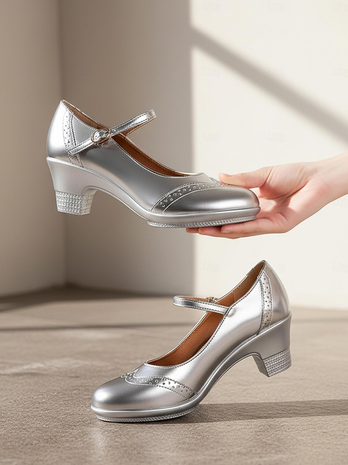 Zapatos Mary Jane plateados metalizados para mujer con tacón medio y correa ajustable: zapatos de oficina cómodos y elegantes para el trabajo y los desplazamientos. 2026 - $59.99 –P3