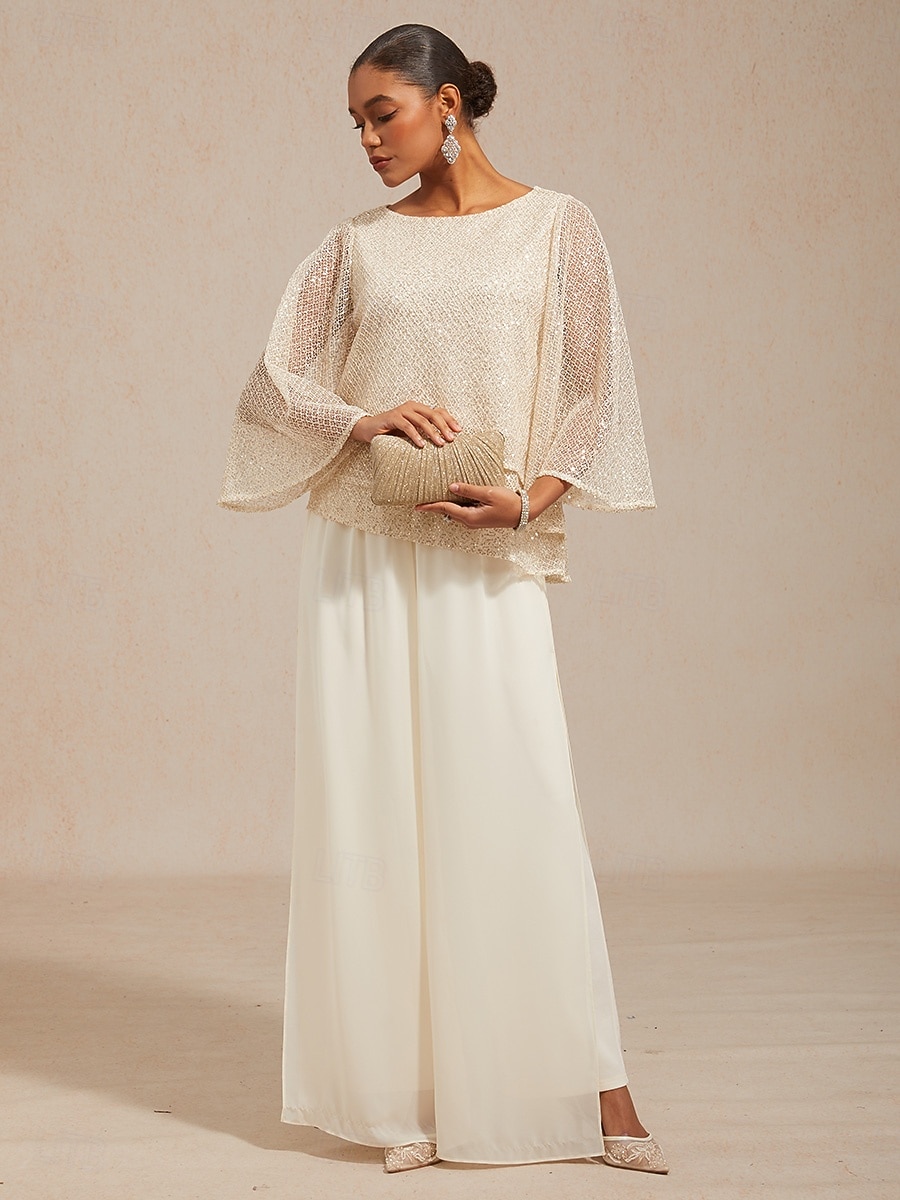 Women's Blouse Lace Tops Sequins Illusion Solid Color Elegant 3/4 Length Sleeve Bell Sleeve Crew Neck Daily Wedding Guest Vacation Wear Beige Summer Spring Fall 2026 - E£4427.73 –P6