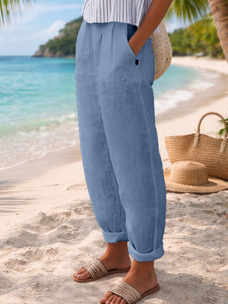 Жен. Брюки из хлопка и льна Чино Летние штаны Отпуск Уличный стиль Классический Полная длина Нормальная Полотняное плетение Карман удобный Легкость Дышащий Неэластичная 2026 - $18.49 –P5