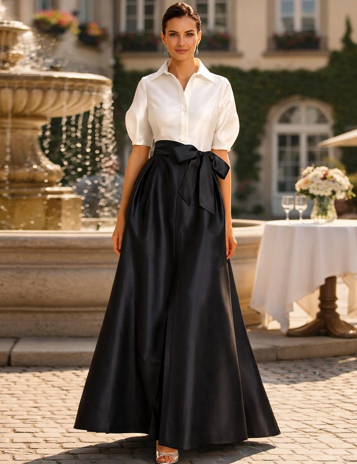 Linea ad A Lunghezza al pavimento Abito Camicia Abito da invitata a nozze Abito Formale Abito da cerimonia per signora Manica Corta Colletto a Camicia Elegante Festa Formale Ospite di nozze Taffetà del 2026 a $149.99 –P1