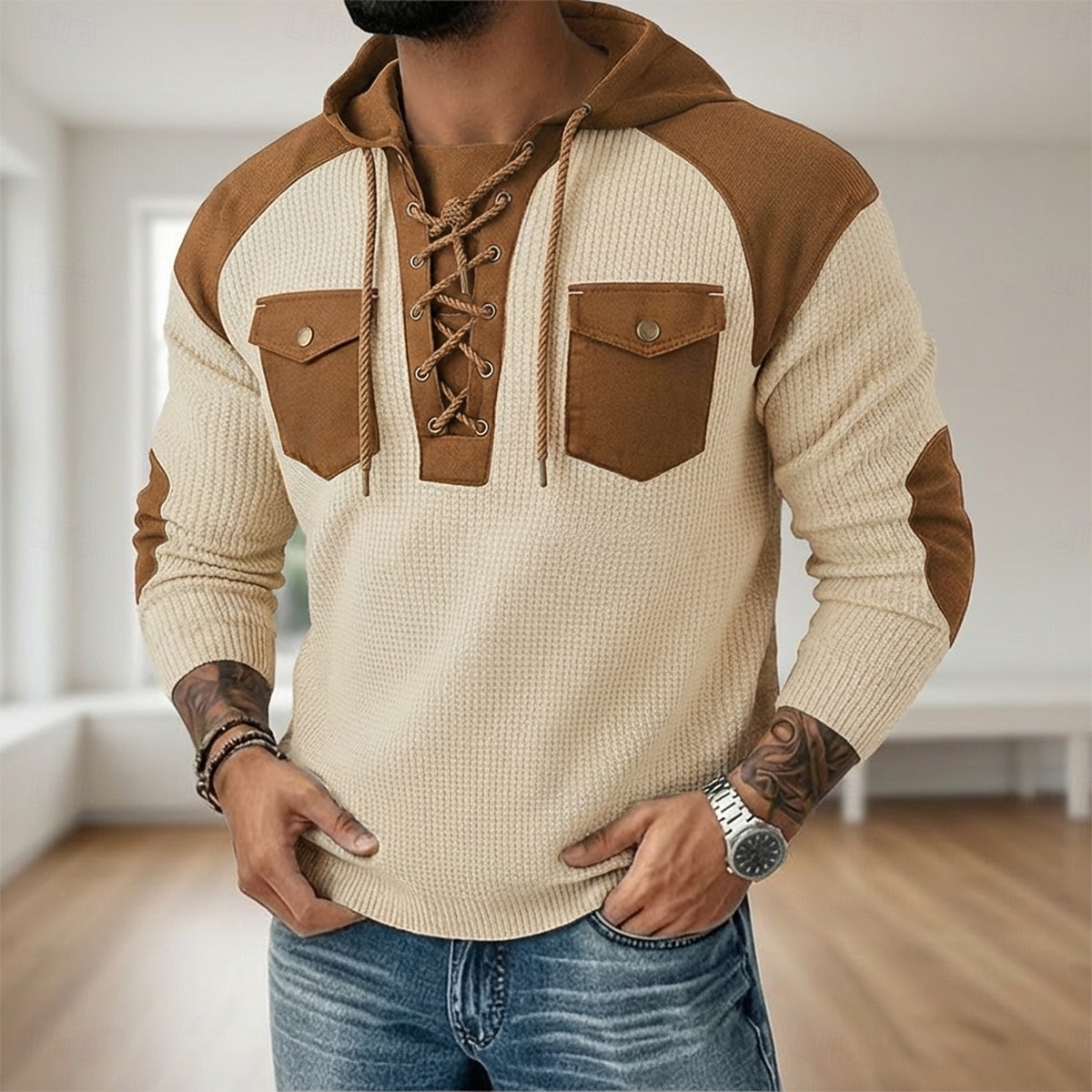Hombre Camiseta con diseño de gofre Camiseta Camisa henley gofrada Manga Larga Con Capucha cuello con cordones Otoño invierno Primavera & Otoño Retazos Tradicional / Retro Casual Correa Casual Hogar 2026 - $26.99 –P8