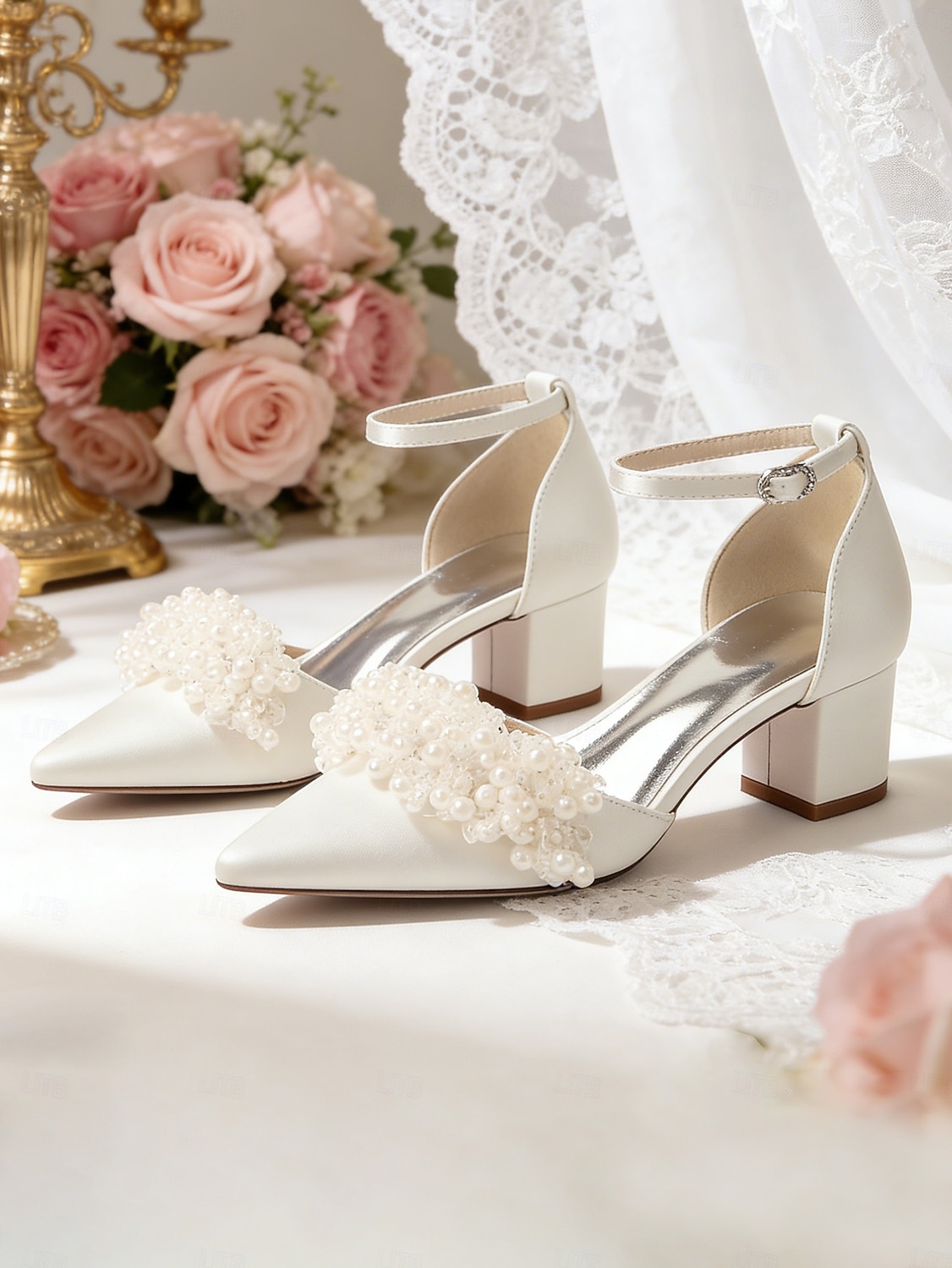 Women's Ivory Pearl Embellished Ankle Strap Heels, Elegant Pointed-Toe Bridal Shoes for Modern City Wedding 2026 - $64.99 –P1
