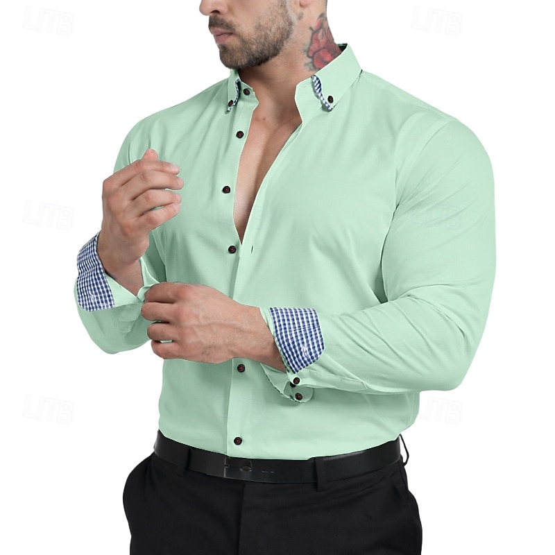Herren Hemd Kleidhemd Bügelfreies Hemd Knopfhemd Farbblock Lässig Täglich Wein Langarm Umlegekragen Ganzjahres Bekleidung Patchwork 2026 - $29.99 –P2