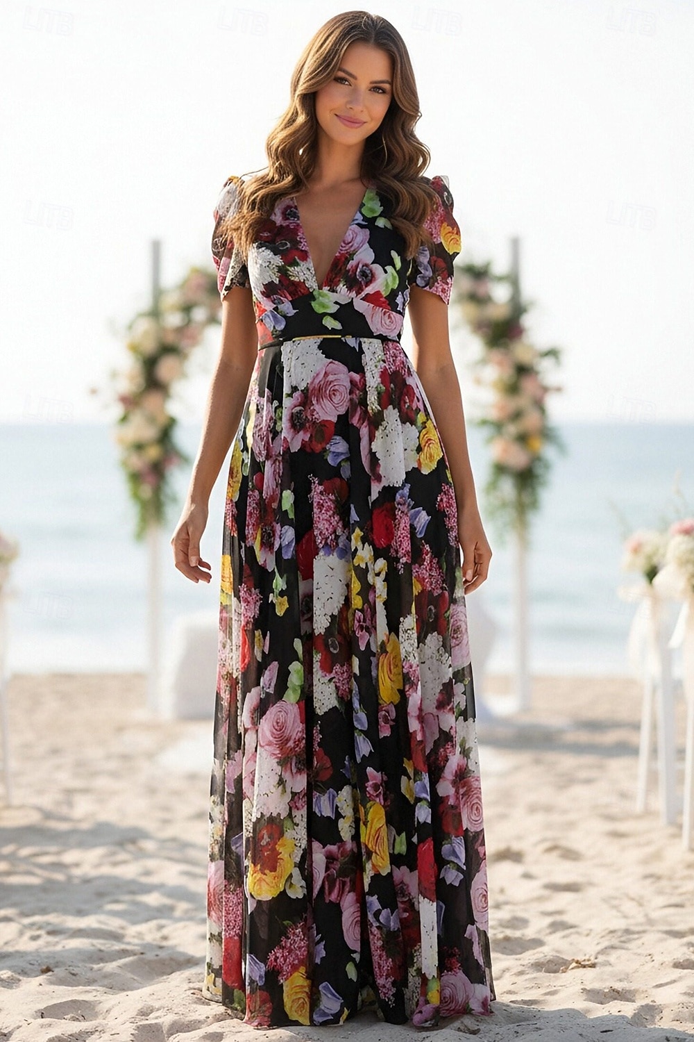 Linea ad A Lunghezza al pavimento Abito da cerimonia per signora Manica Corta Scollo a V Elegante Formale Ospite di nozze Chiffon con Blocco di Colore del 2026 a $195.99 –P1
