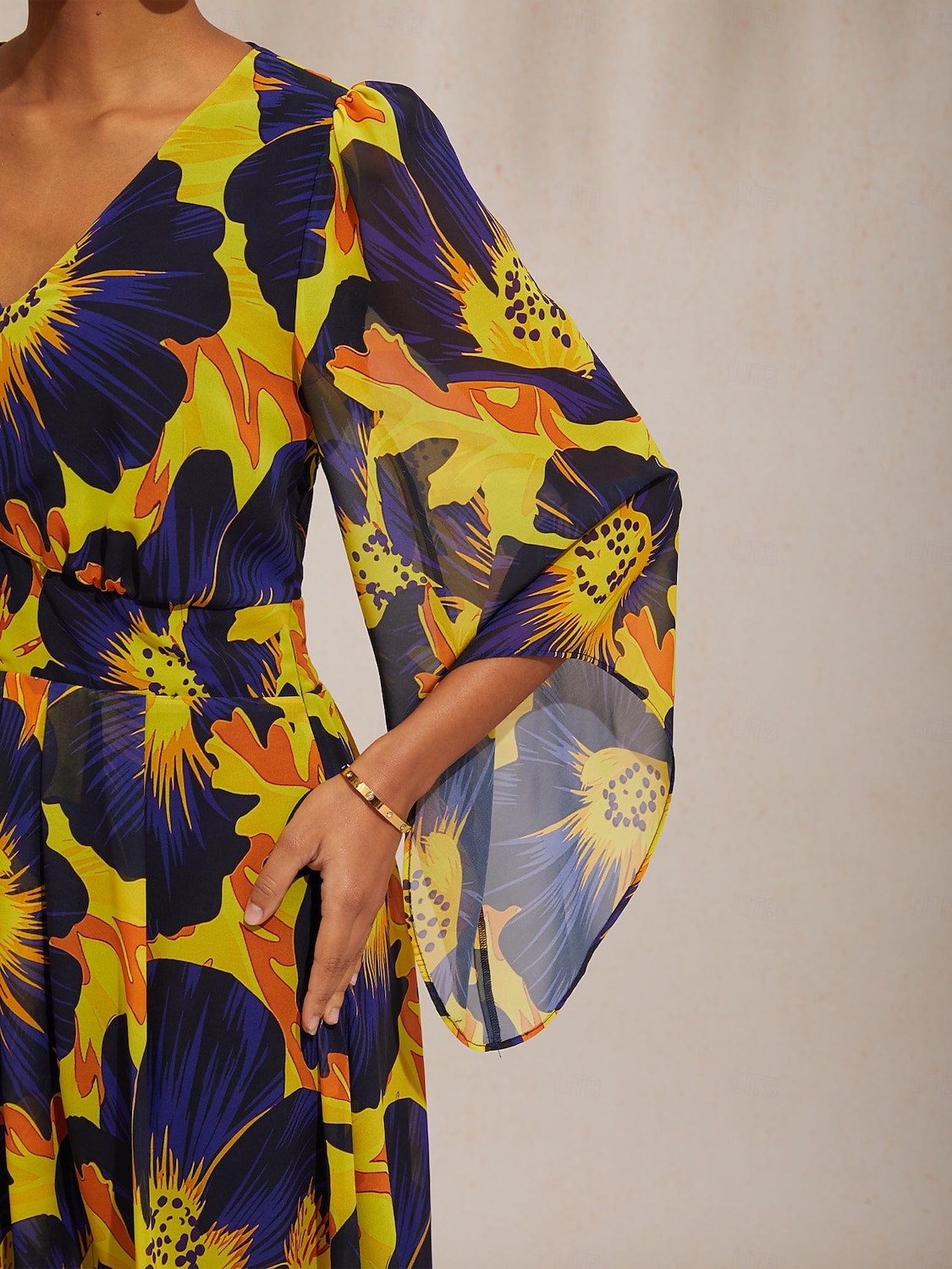 waist-defined chiffon maxi dress Womens Floral Print Abstract Print Chiffon Maxi Dress Long Sleeve Vacation Lightweight Chiffon Airy Drape Flattering Drape, Yellow / S