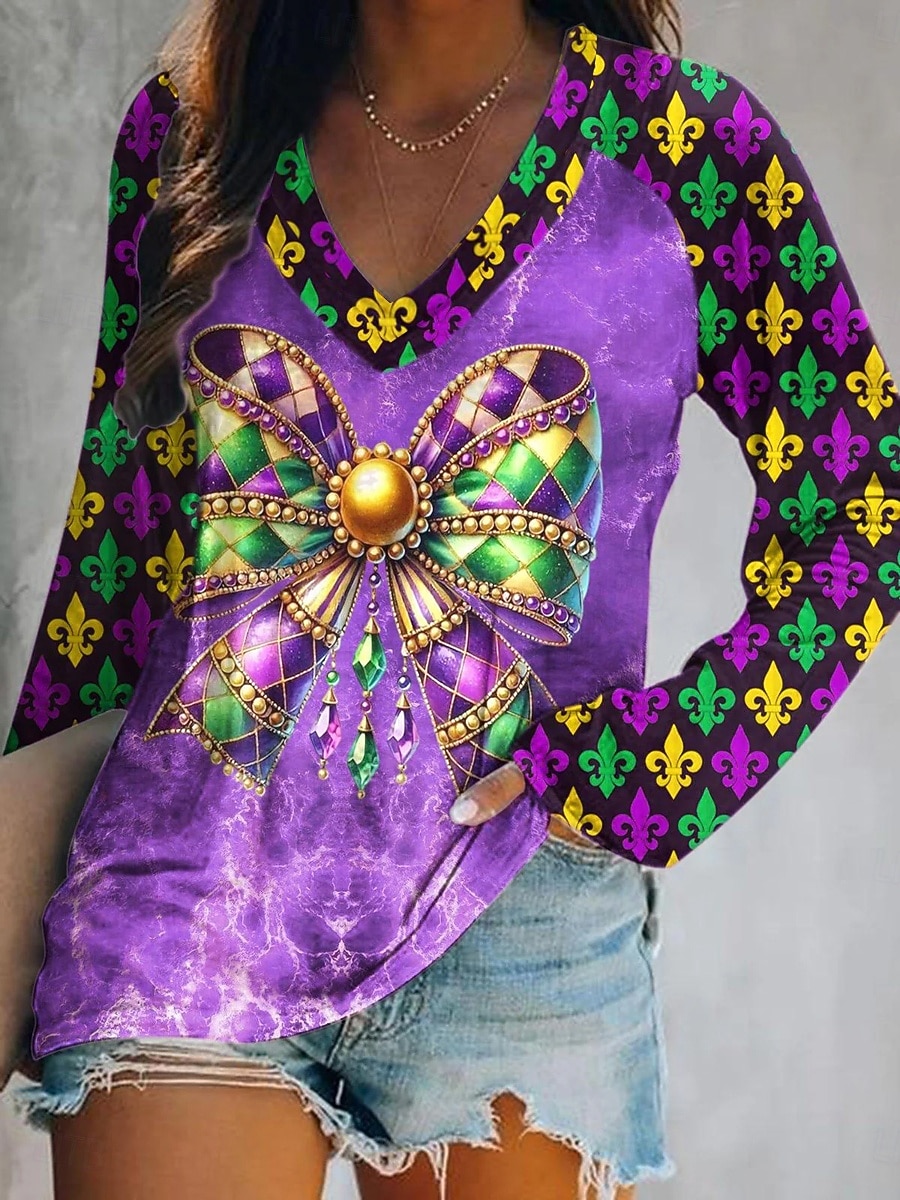 Carnaval Mardi Gras Pentru femei Tricou Imprimeu Ombre Grafic Leopard Elegant Stilat Clasic Manșon Lung În V Topuri obișnuite Zilnic Ieșire Sfârșit de săptămână Mov Trifoi Vară Primăvară Toamnă 2026 - $24.99 –P2
