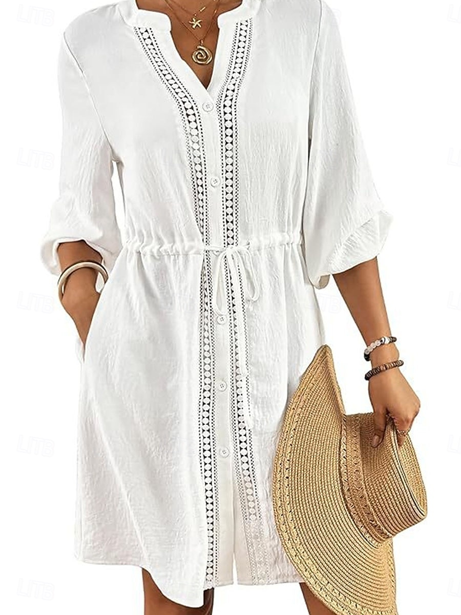 Mujer Vestido hasta la Rodilla Vestido blanco vestido de playa Vestido negro Tapadera Elegante Moda Clásico Manga de la linterna Diario Exterior Playa Holgado Plano Manga Larga Escote Chino Negro 2026 - $32.99 –P4