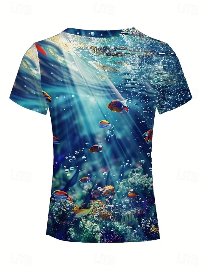 Mujer Camiseta Estampado Oceano Vintage Elegante Casual Manga Corta Cuello Barco Tops regulares Diario Azul Piscina Rosa Azul claro Verano Primavera 2026 - $22.99 –P3