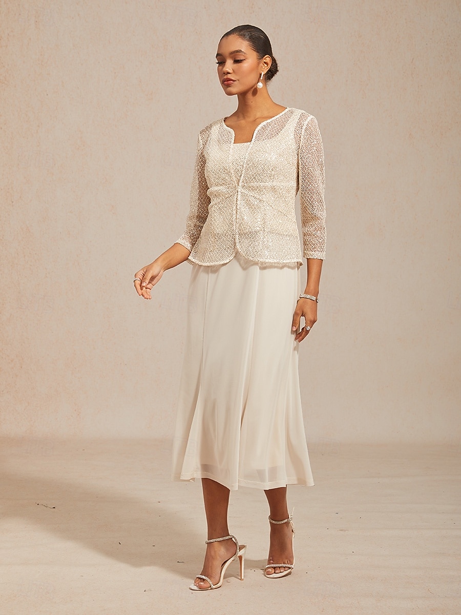 Women's Jacket Dress Midi Dress Sheath Dress A Line Dress Elegant Daily Wedding Guest Date Sequins Illusion Solid Color Sleeveless Crew Neck Champagne Summer Spring Fall 2026