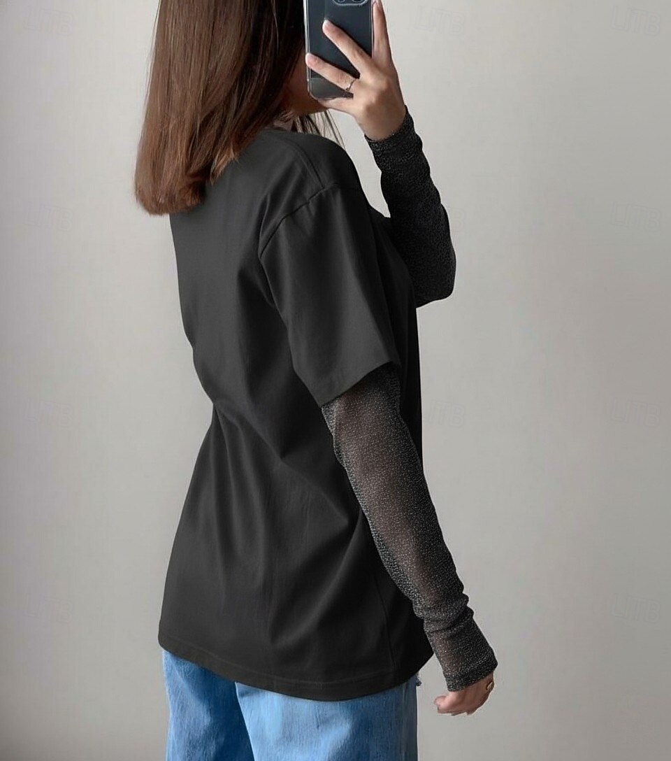 Naisten 100 % puuvillaverkkopaita tilkkutyö pitsi tilkkutyö feikki kaksiosainen yhdenvärinen tyylikäs rento pitkähihaisella pyöreällä kaula-aukolla säännölliset paidat päivittäinen ulkona musta khaki 2026 - $22.99 –P4