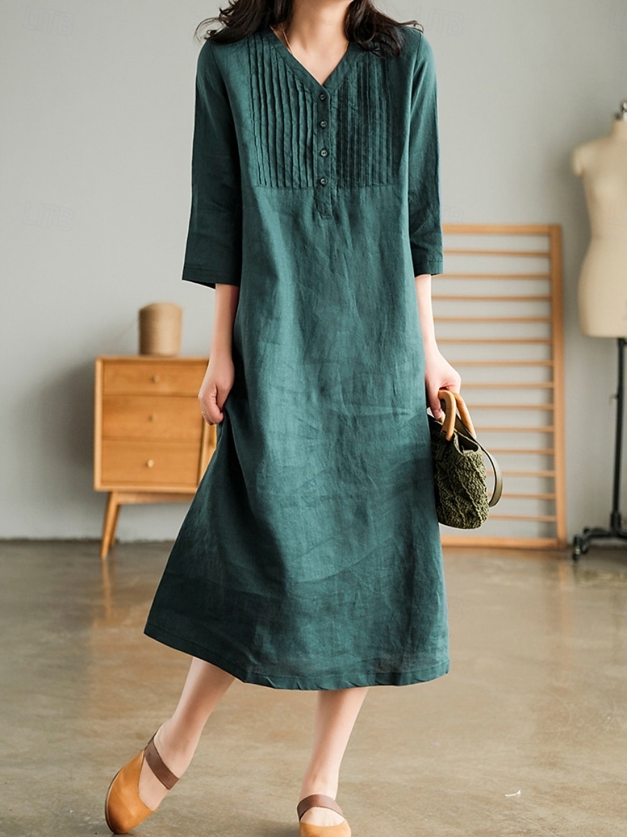 Per donna Abito Midi Abiti effetto lino Abito a Tubino Abito Estivo Casual Quotidiano Vestibilità comoda Semplice Manica 3/4 Scollo a V Blu Arancione Verde Beige Estate Autunno del 2026 a $32.99 –P11