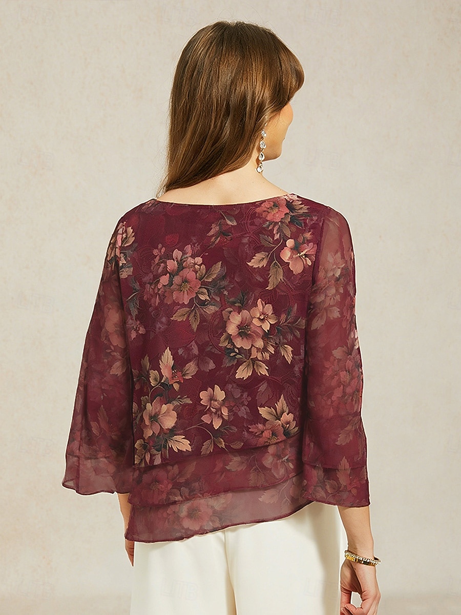 Femmes Chemisier Hauts en mousseline de soie À lacets Fleuri Élégant Manche 3/4 Manche cloche Col ras du cou Hauts Réguliers Quotidien robe demoiselle d honneur Fête Vin Été Printemps Automne de 2026 ? $59.99 –P2