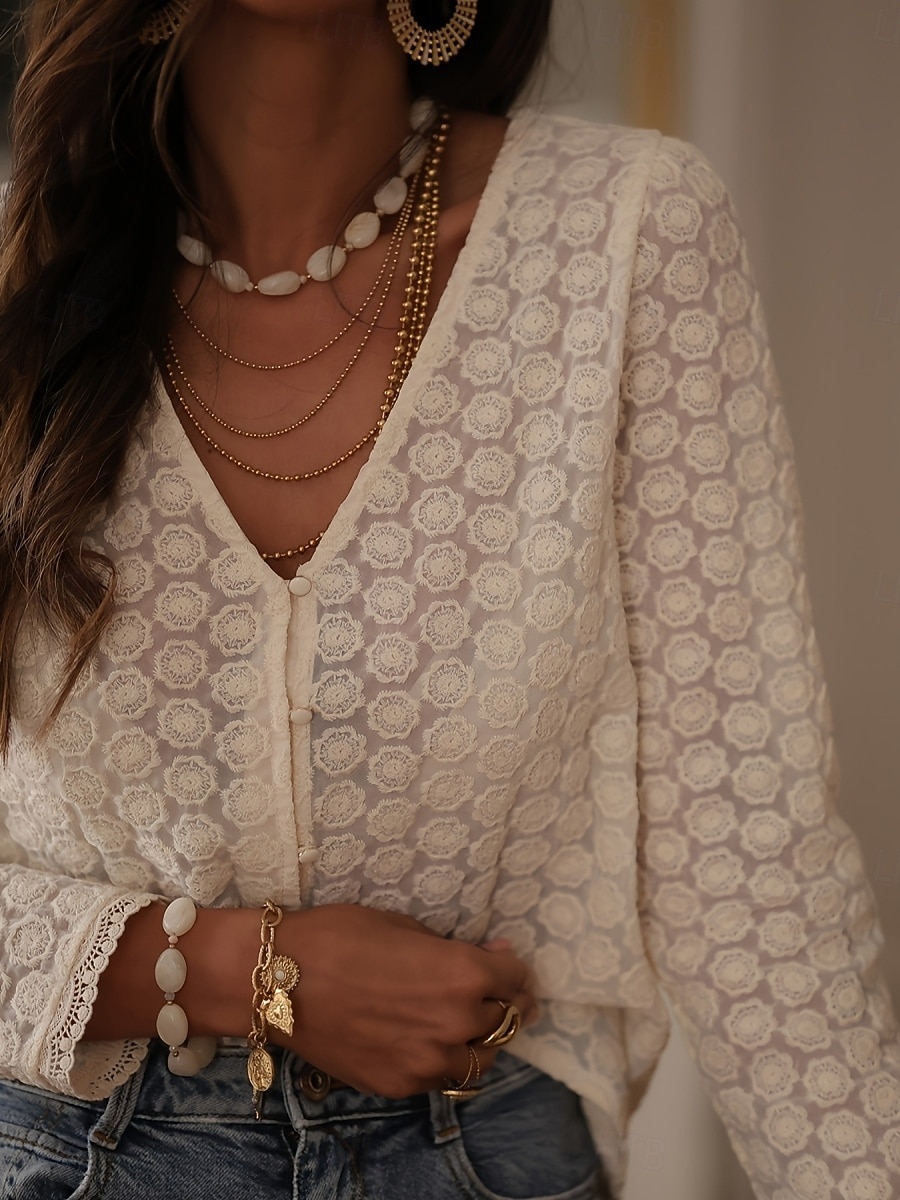 Damen Bluse Spitze Patchwork Einfarbig Stilvoll Lässig Langarm V Ausschnitt Normale Oberteile Täglich Aprikose Sommer Frühling Herbst 2026 - $33.99 –P3