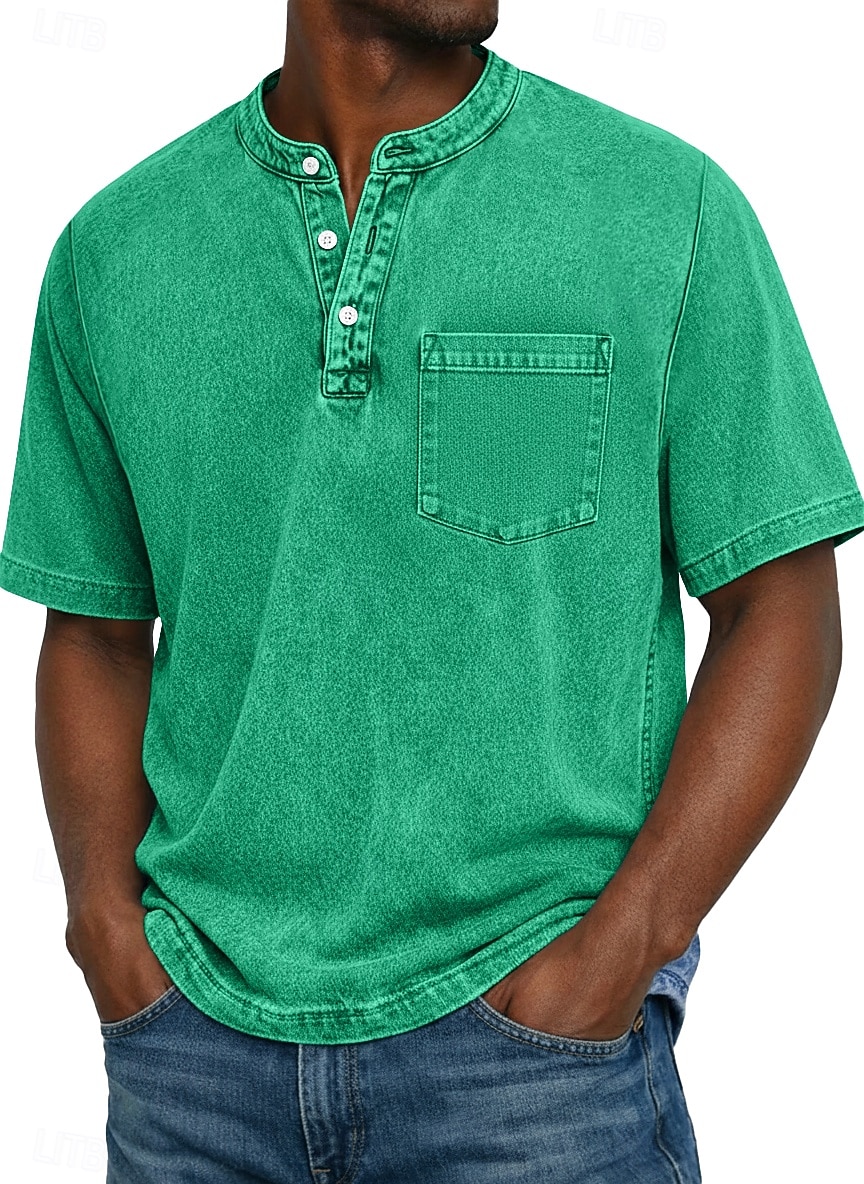 Herre Henly-skjorte 100% bomullssyre-vaskeskjorte T-skjorte T-skjorte Kortermet Ensfarget Retro / vintage Fritid Lomme Gammeldags stil Vasket Henley Avslappet Sommer Vår Høst Svart Rosa Lysegrønn 2026 - $31.99 –P7