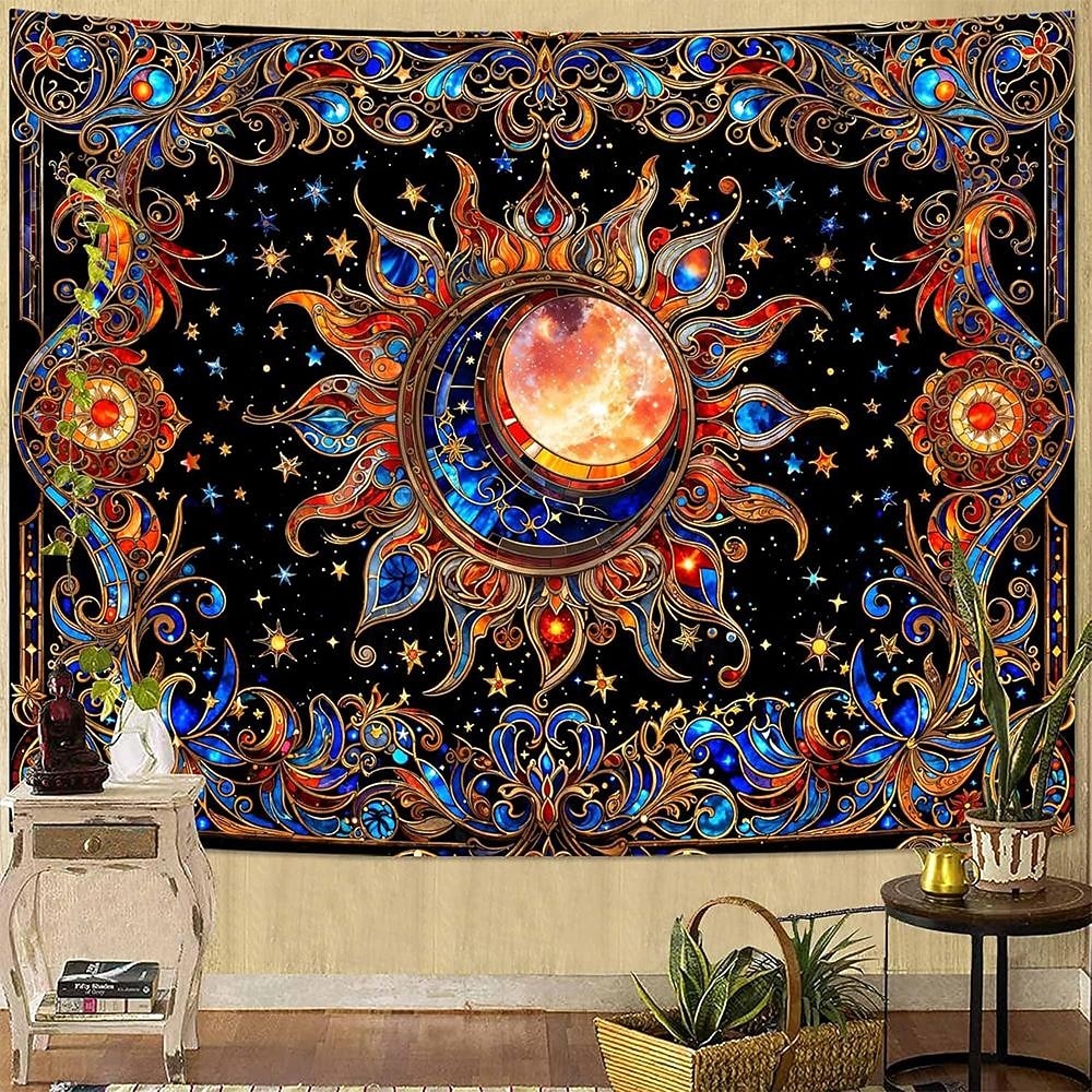 Wandteppich mit Sonne und Mond aus Buntglas, himmlisches Mosaik, Boho-Stil, kunstvolle Wanddekoration für Yoga-, Meditations- und Wohnzimmer 2026 - $20.99 –P4