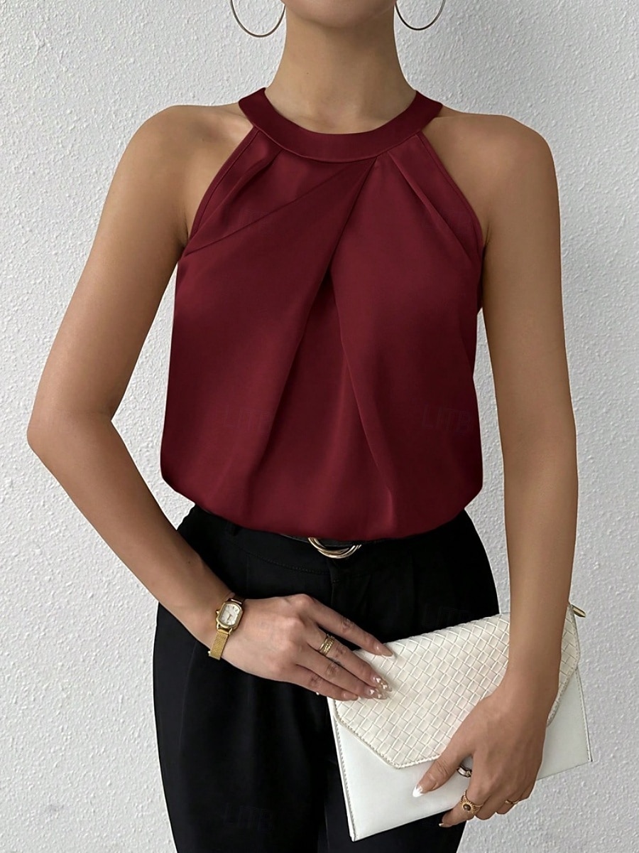 Damskie Elegancki Top satynowy Satynowa koszula Koszula obozowa Z marszczeniami Jednokolorowe Elegancki Podstawowy Codzienny Bez rękawów Kantarka Zwykłe topy Codzienny Święto Wyjściowe Czarny Biały 2026 - $25.99 –P16