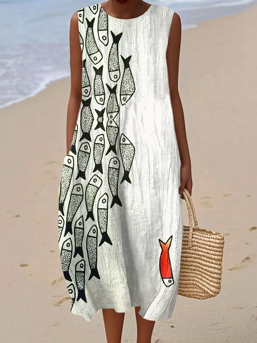 Μίντι Φόρεμα Γυναικών Λινό Σακίδιο Φόρεμα Αλλαγής Γραμμή A Διακοπές Καθημερινό Μπόχο Παραλία Βραδινό Χαλαρή Φόρμα Γραφικό Ζώο Αμάνικο Λαιμόκοψη Μπλε Μαύρο Γαλάζιο Σκούρο Μπλε Καλοκαίρι Άνοιξη 2026 - $39.99 –P4