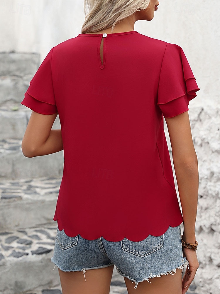 Dam T-shirt Utklippt Knappar Ensfärgat Vintage Stylish Ledigt Kortärmad Volangärm Rund hals Vanliga toppar Dagligen Utekväll Rubinrött Sommar Vår 2026 - $22.99 –P2