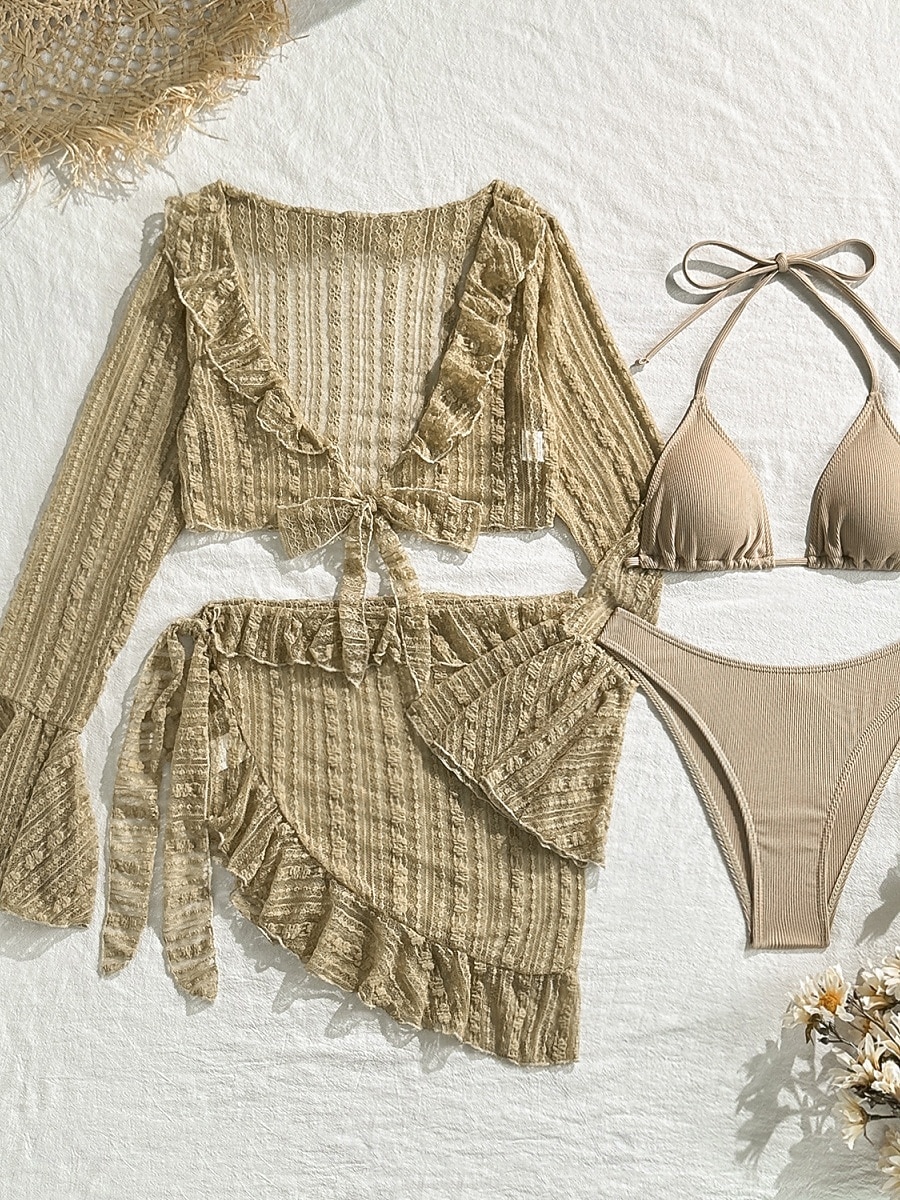 Women's Swimwear Bikini Three Piece Cheeky Swimsuit Slim Backless Vacation Beach Wear Solid Color Halter Neck Sleeveless Long Sleeve Bathing Suits 2026 - $33.99 –P9