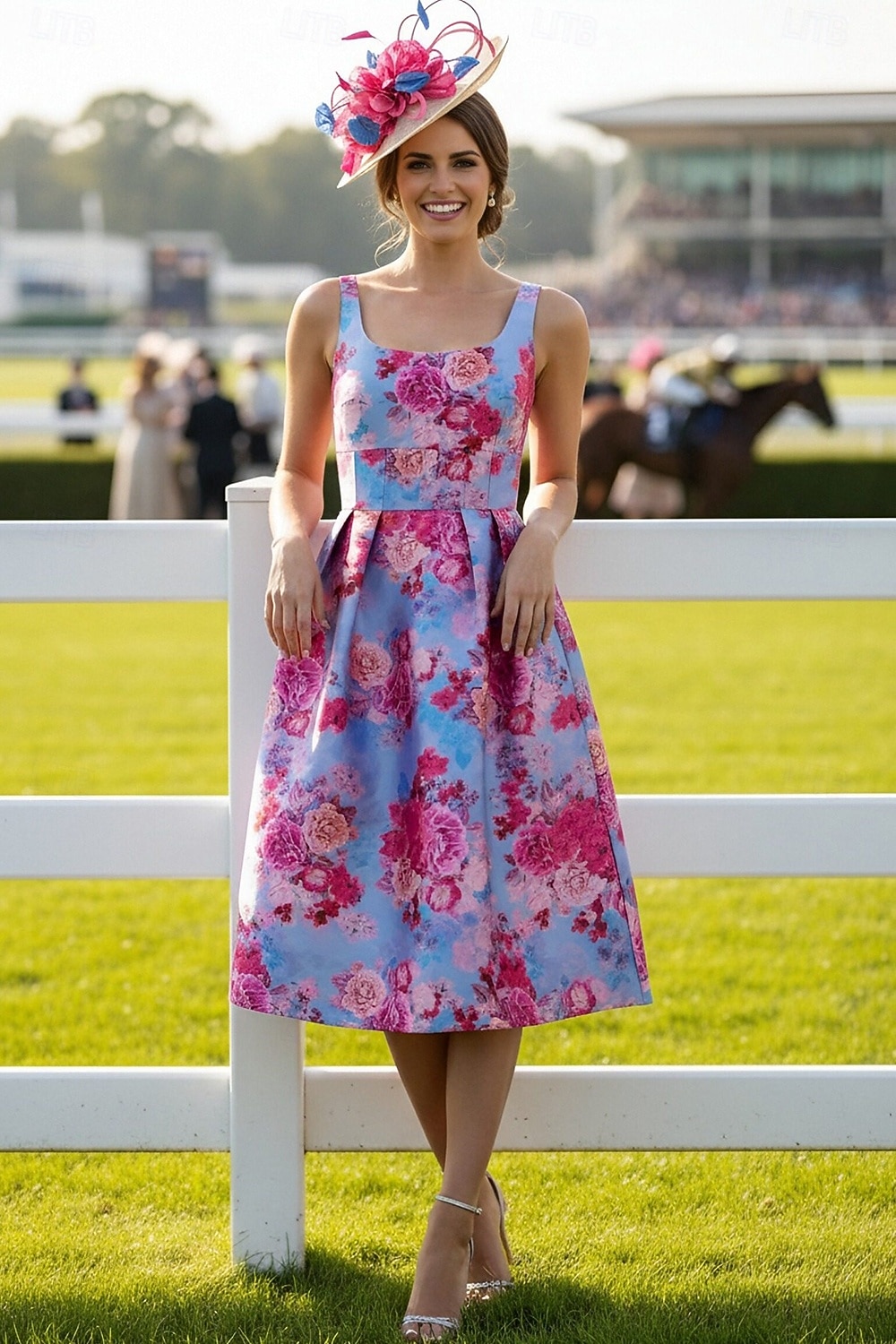 Corte A Vestido Midi Vestido Cóctel Vestido Invitada Boda Vestido Derby Vestido de Madrina Sin Mangas Camiseta con cuello redondo Elegante Invitado a la boda El derby de Kentucky Satén con Impresión 2026 - $172.99 –P1