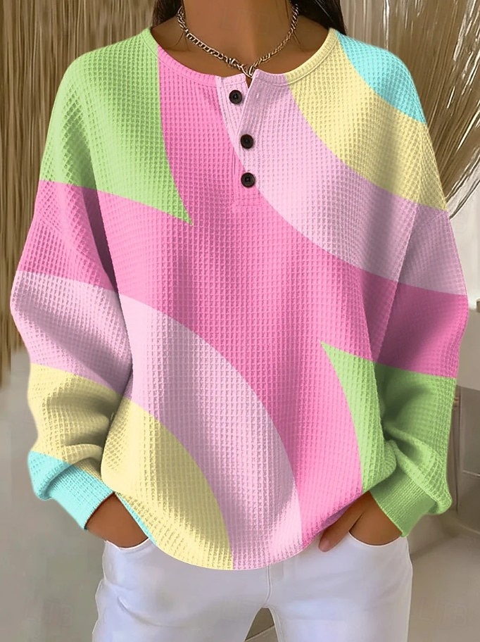 Damen Kapuzenshirts Knöpfe Grafik Geometrisch Farbblock Mode Lässig Druck Langarm Rundhalsausschnitt Rundhals Normale Oberteile Lässig Straße Blau Rosa Orange Grün Sommer Frühling Herbst 2026 - $28.99 –P3