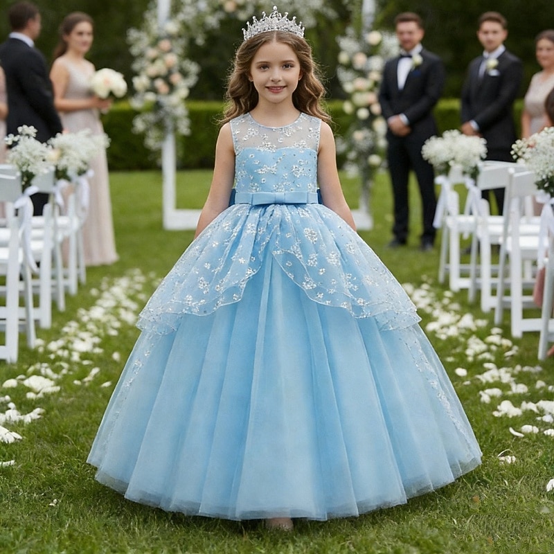 Vestido para Meninas das Flores Para Meninas Vestido formal Traje de casamento Festa Casamento Formal Moda Adorável Formal Patchwork Com Transparência Floral Princesa Sem Manga Gola Redonda Azul de 2026 por $43.99 –P1