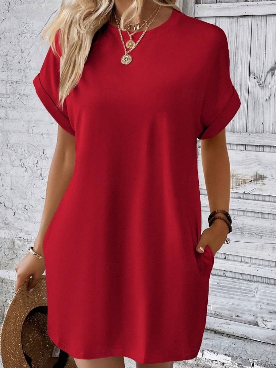 Dames Mini-jurk Witte jurk Modieus Modern Buiten Vakantie Uitgaan Ruim Passend Effen Korte mouw Strakke ronde hals blauw Zwart Wit Rood Zomer Lente 2026 - $21.99 –P3