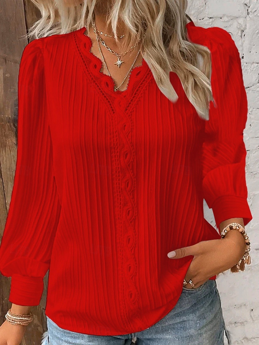 Жен. Кружевная рубашка Кружева Пэчворк Сплошной цвет Элегантный стиль Стиль Классический Длинный рукав V-образный вырез Обычные топы Повседневные Белый Красный Лиловый Оранжевый Зеленый 2026 - $8.99 –P7