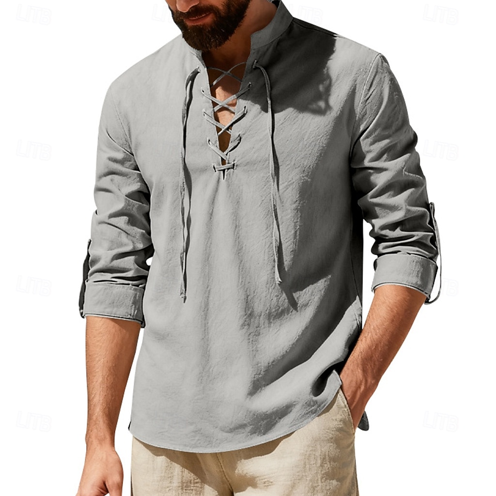 Муж. Рубашка Льняная рубашка Стиль Викингов Летняя рубашка Одежда для пляжа Рубашка с воротником-стойкой Сплошной цвет Повседневные Отпуск Черный Белый Зеленый Цвет хаки Длинный рукав 2026 - $12.49 –P7