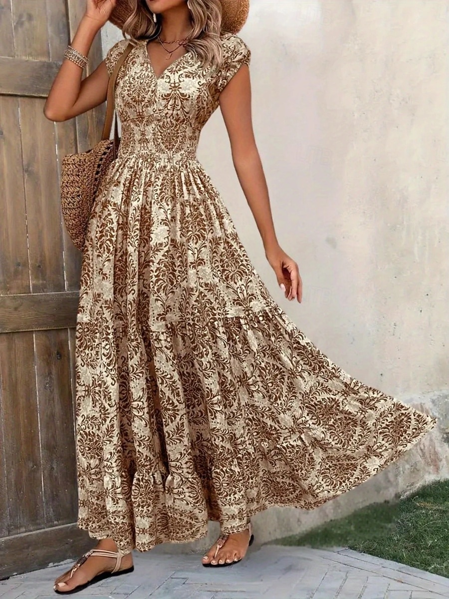 Per donna Abito lungo maxi Abito Lungo Maxi Abito Abito da Spiaggia Abito Floreale Abito Boho Elegante Moda Moderno Quotidiano All'aperto Vacanza Vestibilità regolare Floreale Manica Corta Scollo a V del 2026 a $22.99 –P11