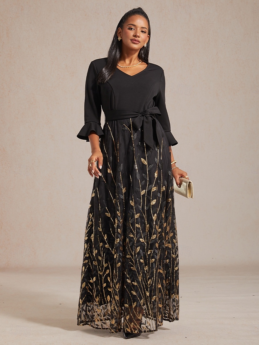 Pentru femei Rochie Maxi Rochie A line Rochie din Tul Elegant Serată Petrecere Paiete Brodat Fit regulat Frunză Lungime Manșon 3/4 În V Negru 2026 - $103.99 –P1