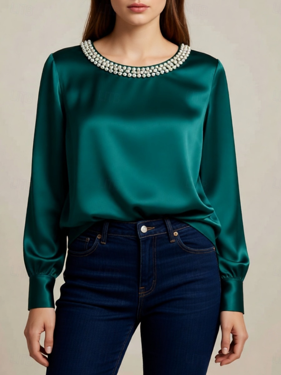 Mulheres Blusa Com Miçangas Côr Sólida Elegante à moda Manga Longa Gola Redonda Tops regulares Diário Trabalho Preto Branco Verde Damasco Primavera Outono de 2026 por $27.99 –P5