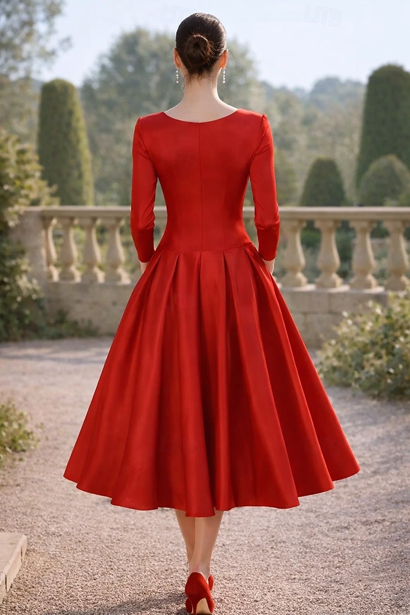 А-силуэт Ниже колена коктейльные платья Элегантный стиль Повседневные Полуформальные платья Рукав 3/4 V-образный вырез Вечеринка в саду Свадьба Сатин с Плиссировка 2026 - $130.99 –P2