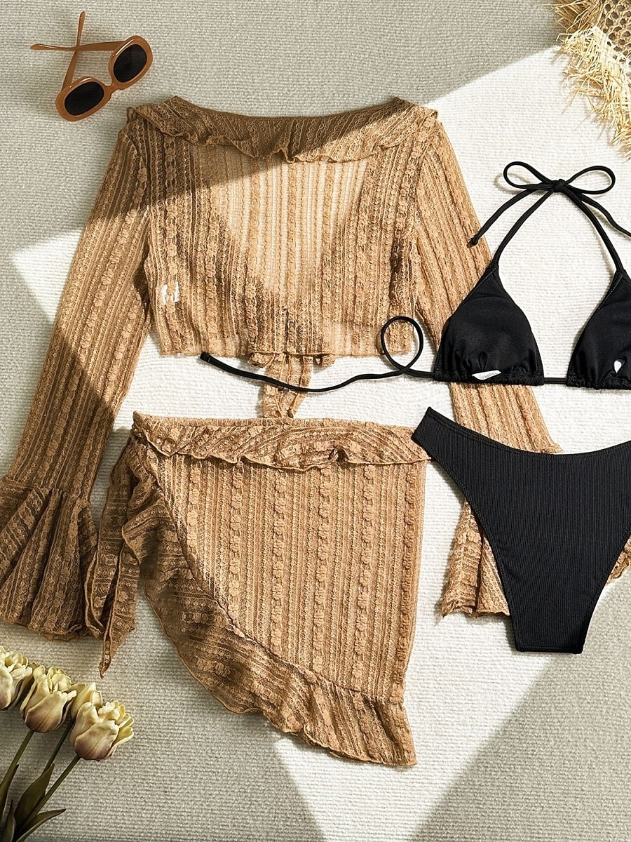 Women's Swimwear Bikini Three Piece Cheeky Swimsuit Slim Backless Vacation Beach Wear Solid Color Halter Neck Sleeveless Long Sleeve Bathing Suits 2026 - $33.99 –P13