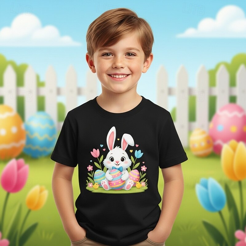 2026年 コットン１００％ イースター 子供 男の子 ブルー ブラック ホワイト グラフィック バニー Tシャツ ブラウス クルーネック 半袖 カジュアル 日常 アウトドア ファッション ストリートファッション デザイナー プリント 夏 春  コレクション – $19.99 –P1