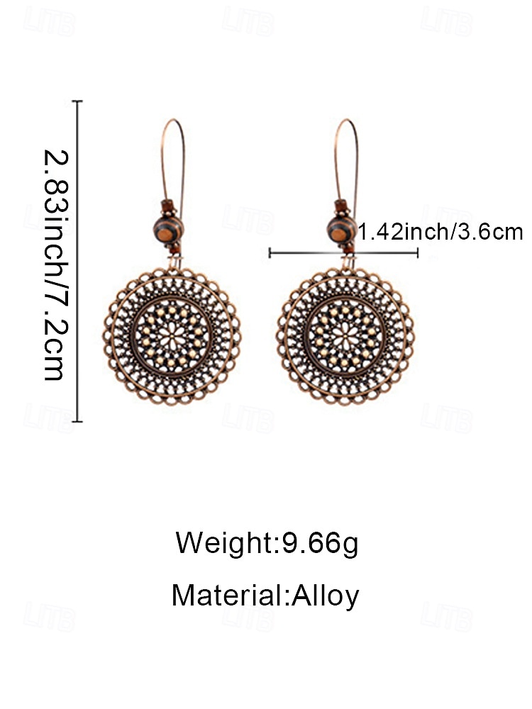Women's Alloy & Wood Round Drop Earrings, Vintage Boho Mandala Design, Lightweight Statement Style, Perfect for Casual Everyday Wear, Beach Vacation & Summer Outfits 2026 - $7.99 –P7