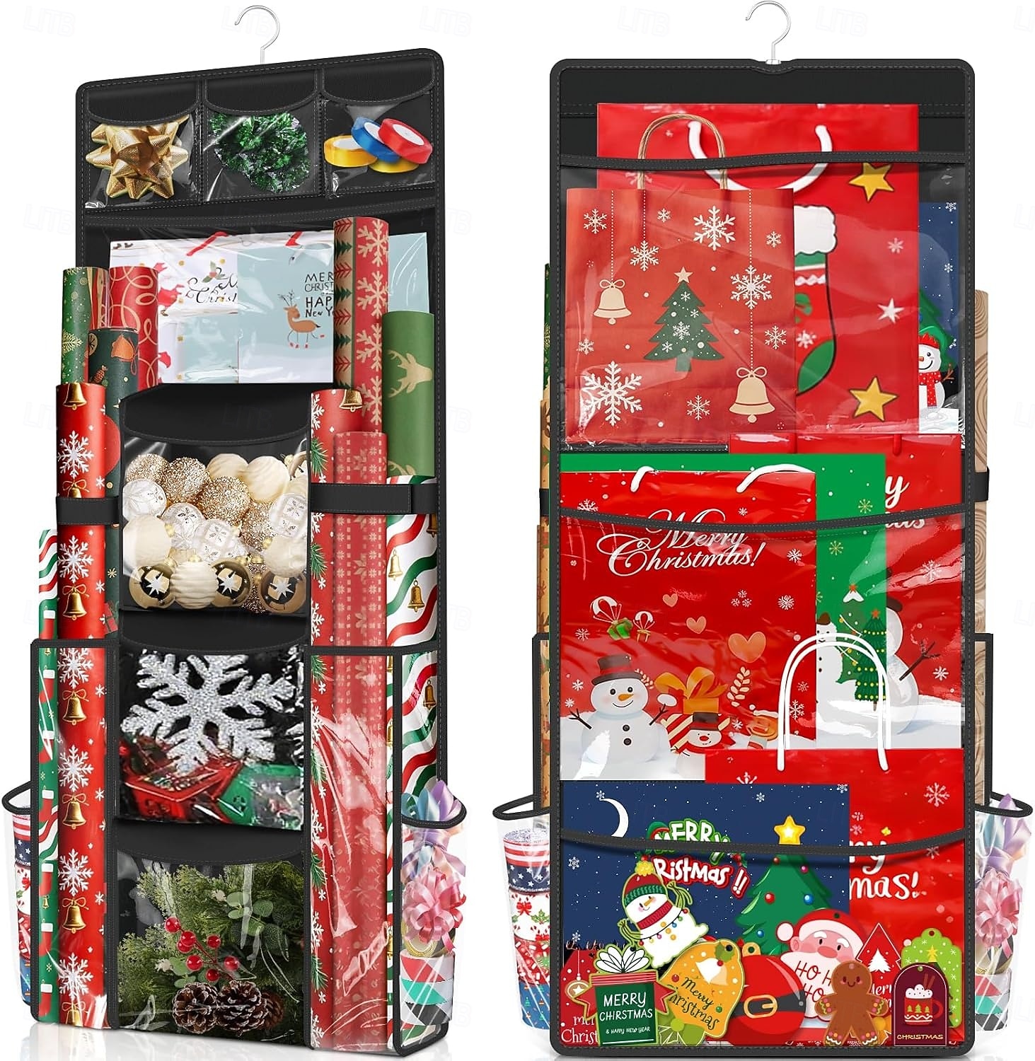 Hängender Geschenkpapier-Organizer, doppelseitiger Geschenkverpackungs-Organizer, Aufbewahrungsbehälter für Weihnachtsdekoration mit drehbarem Haken, großes Fassungsvermögen für Festtagsdeko, Bänder 2026 - $32.99 –P1