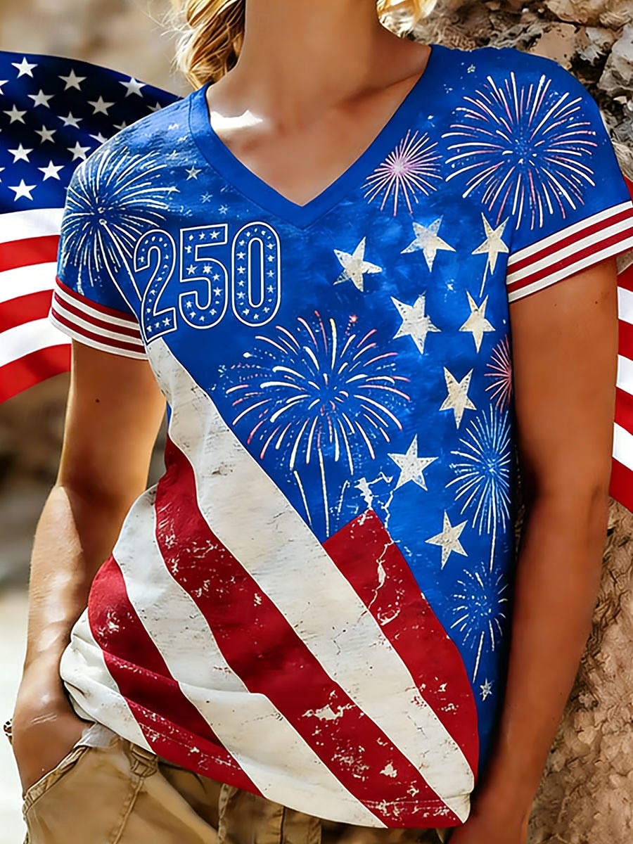 Ημέρα Ανεξαρτησίας Αμερικανική Επέτειος Πατριωτική Γυναικεία Τ-Shirt Γραφικά Σημαία Vintage Στυλάτη Κλασική Κοντό Μανίκι V Λαιμό Καθημερινός Εκτύπωση Μπλε Μαύρο Ναυτικό Μπλε Μωβ Καλοκαίρι Άνοιξη 2026 - $21.99 –P1