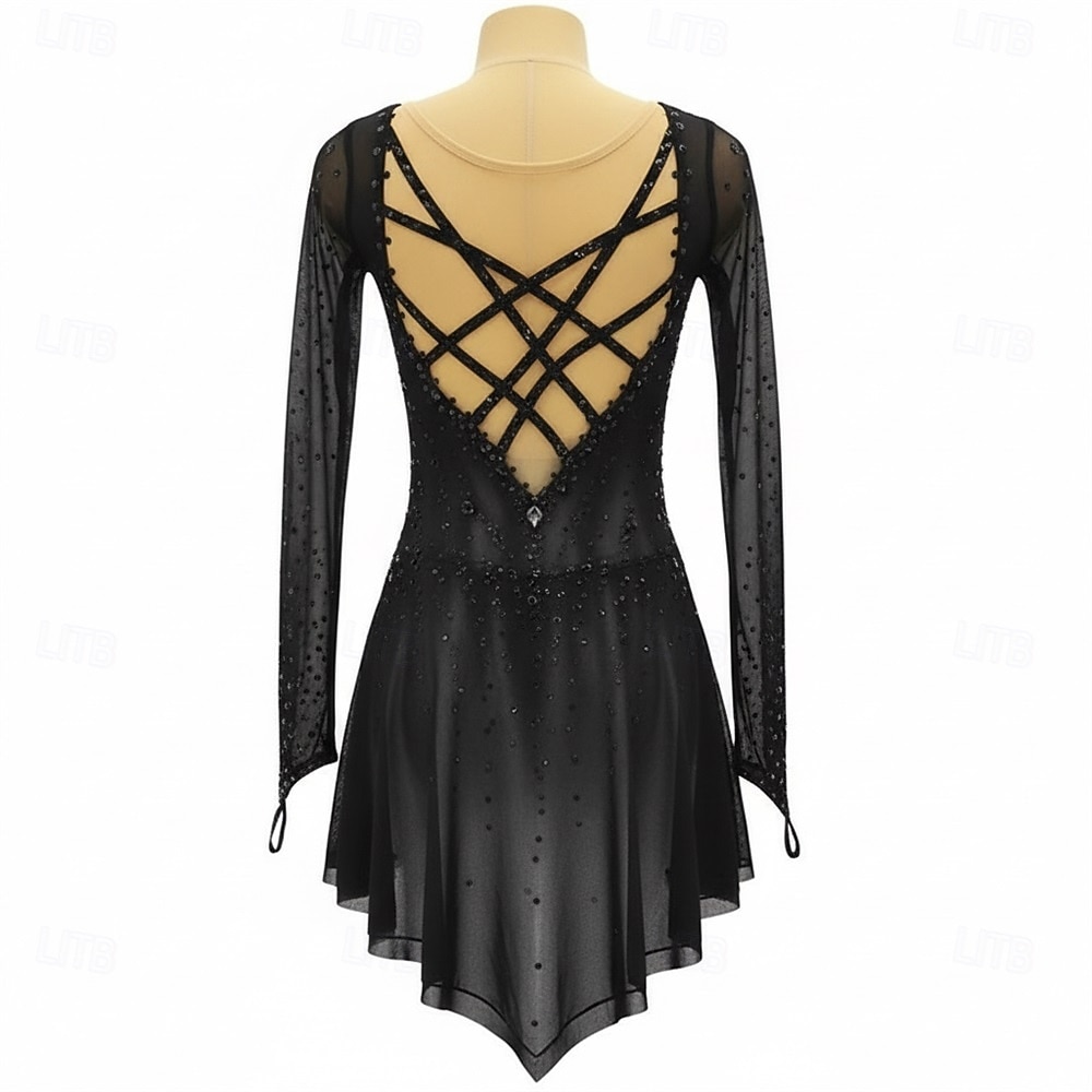Vestidos para Patinação Artística Mulheres Patinação no Gelo Vestidos Preto Patchwork Sem costas Com Stretch Treino Competição Roupa para Patinação Clássico Cristal / Strass Manga Longa Patinação no de 2026 por $272.99 –P2