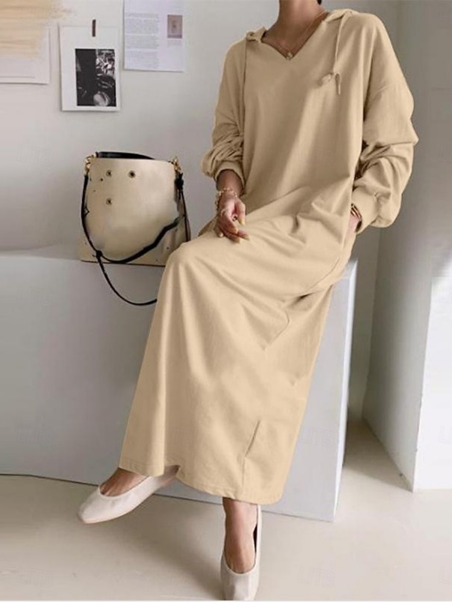 Per donna Abito maxi Abito a Tubino Casual Quotidiano Vestibilità comoda Semplice Manica Lunga Con Cappuccio Nero Marrone chiaro Grigio Primavera Autunno Inverno del 2026 a $25.99 –P2