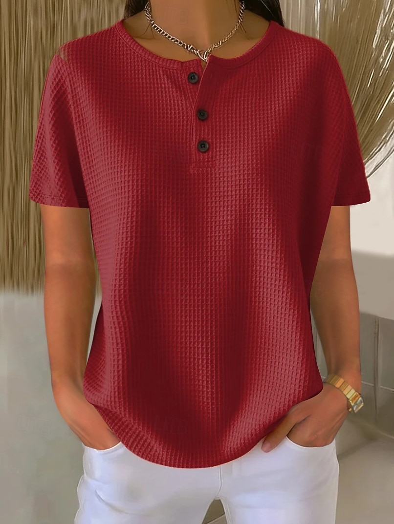 בגדי ריקוד נשים אוברסייז חולצה קצרה טי שירטס טופים מארג וויפל כפתור קדמי אחיד אופנתי מסוגנן קלסי שרוולים קצרים צווארון עגול קצר הנלי חולצות רגילות יומי ליציאה סוף שבוע לבן כתום קיץ אביב 2026 - CLP $26680 –P11