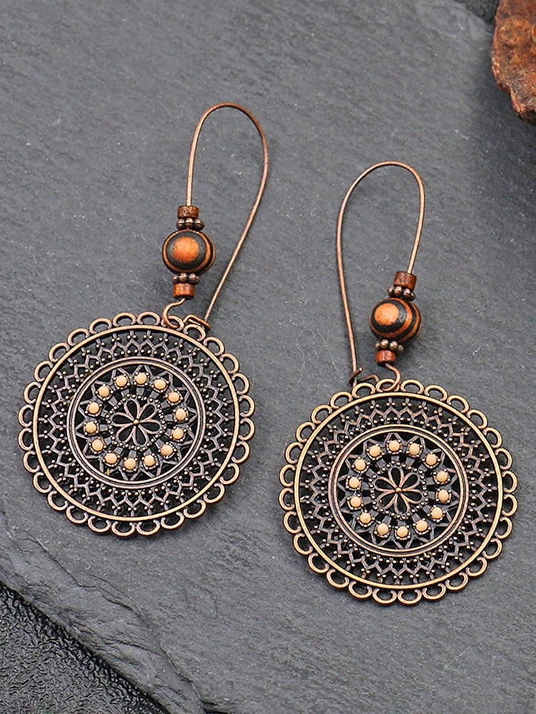 Női ötvözetből és fából készült kerek fülbevalók, vintage bohém mandala dizájn, könnyed, mutatós stílus, tökéletesek hétköznapi viseletre, tengerparti nyaraláshoz és nyári szettekhez 2026 - $7.99 –P5