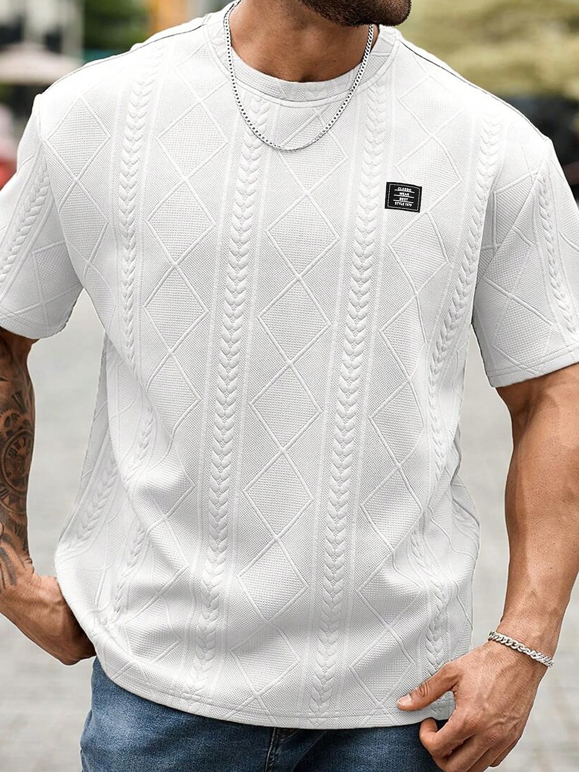 Herren T Shirt T-Shirt Kurzarm Rundhalsausschnitt Sommer Frühling Frühling & Sommer Einfarbig Geometrisch Texture Streetwear Stilvoll Lässig Jacquard Lässig Täglich Outdoor Weiß Schwarz Rosa Top 2026 - $20.99 –P3