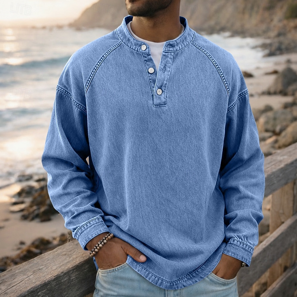SoftFade™ Camiseta para Hombre Henley 100% Algodón Camisa Lavado Ácido T Shirt Tee de Manga Larga Color Sólido Sencillo Vintage Streetwear Casual Prenda Teñida Sencilla Lavada Cuello Alto Henley 2026 - $31.99 –P1