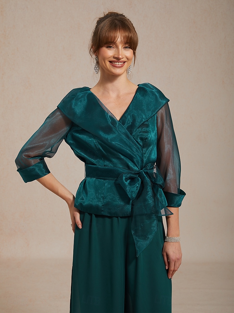 Dame Dressy topper knyte foran Illusjon Elegant 3/4 ermer V-hals Skjortekrage Vanlige topper Bryllupsgjest Cocktail antrekk Smaragd Grønn Sommer Vår Høst 2026 - $98.99 –P1