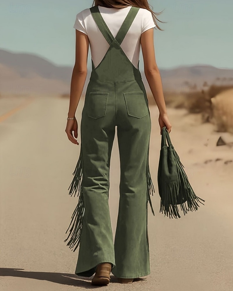 Жен. Брюки карго Широкие Биб Колготки Комбинезон Мода Уличный стиль На каждый день Полная длина Завышенная Полотняное плетение С кисточками Карман удобный Неэластичная 2026 - $61.99 –P7